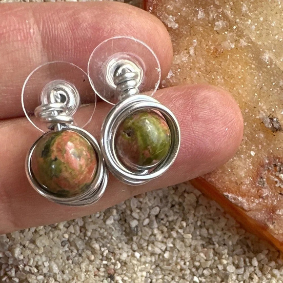 Unakite studs statement gem earrings in silver/ protection crystal for S… - Picture 2 of 8